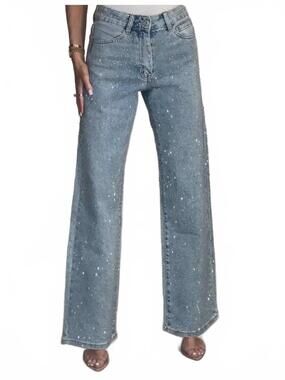 NEW SWEETKAMA women's rhinestone button front straight leg pants in denim blue